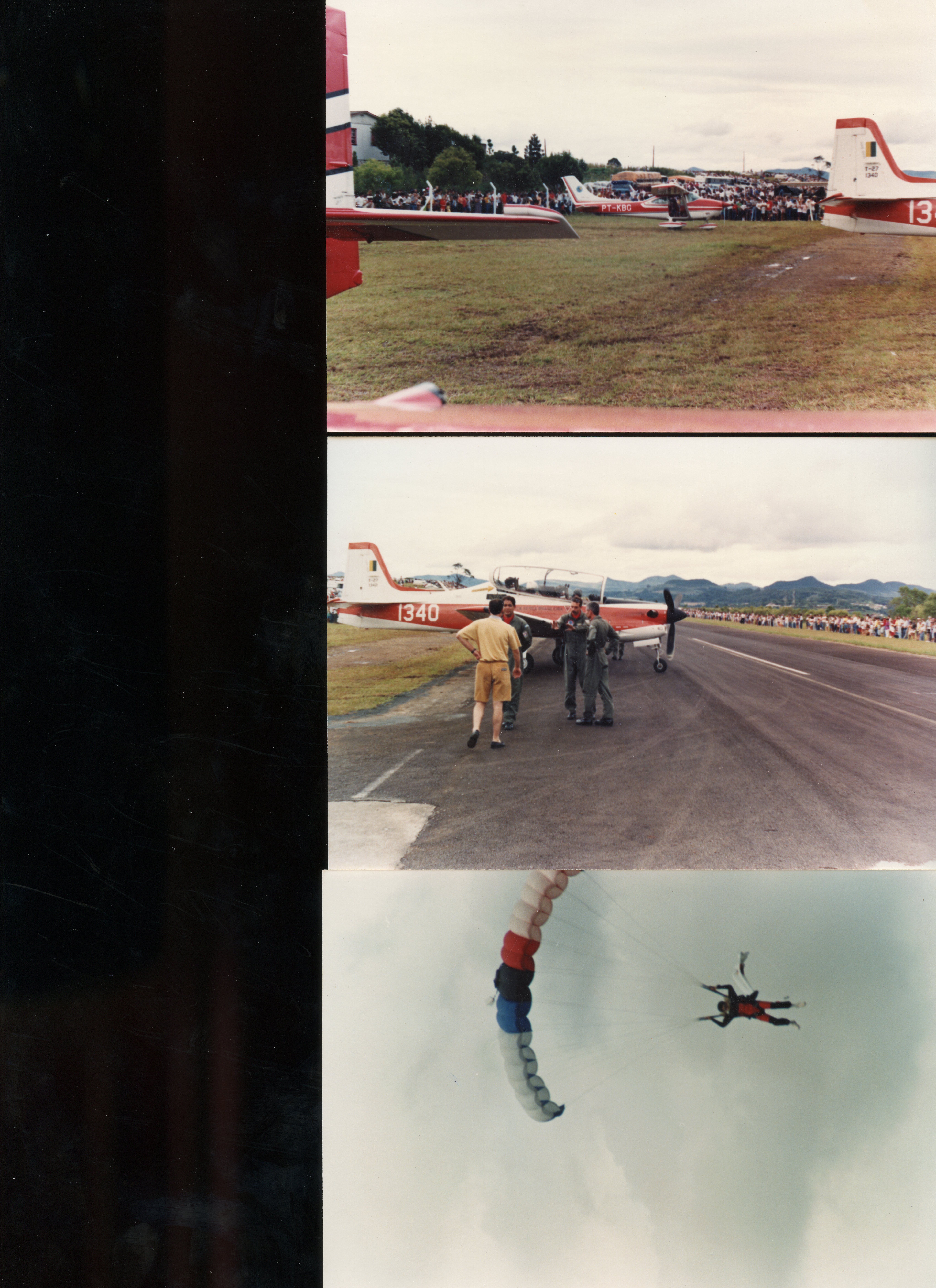 Uma composição de três fotografias que retratam um evento de aviação, possivelmente um show aéreo em uma cidade brasileira. As imagens mostram aeronaves militares, pilotos conversando na pista e um paraquedista em pleno salto, sugerindo um evento público de exibição aérea.