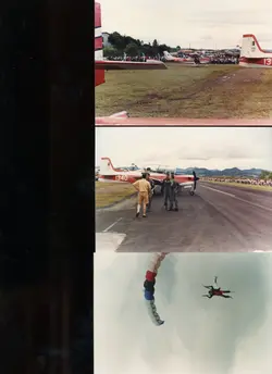 Uma composição de três fotografias que retratam um evento de aviação, possivelmente um show aéreo em uma cidade brasileira. As imagens mostram aeronaves militares, pilotos conversando na pista e um paraquedista em pleno salto, sugerindo um evento público de exibição aérea.