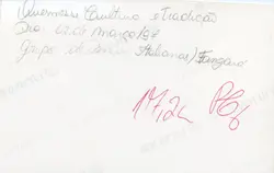 O verso de uma fotografia contendo anotações manuscritas sobre um evento cultural, especificamente uma quermesse e apresentações de um grupo de danças italianas. O texto menciona a data de 02 de março de 1987 e a localidade de Tangará, indicando um registro de memória comunitária e tradições locais.