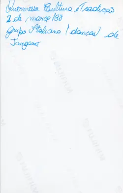 O verso de uma fotografia contendo uma anotação manuscrita em tinta azul sobre um evento cultural. O texto menciona uma 'Quermesse Cultura e Tradições' realizada em 2 de março de 1998, envolvendo um grupo de danças italianas de Tangará.
