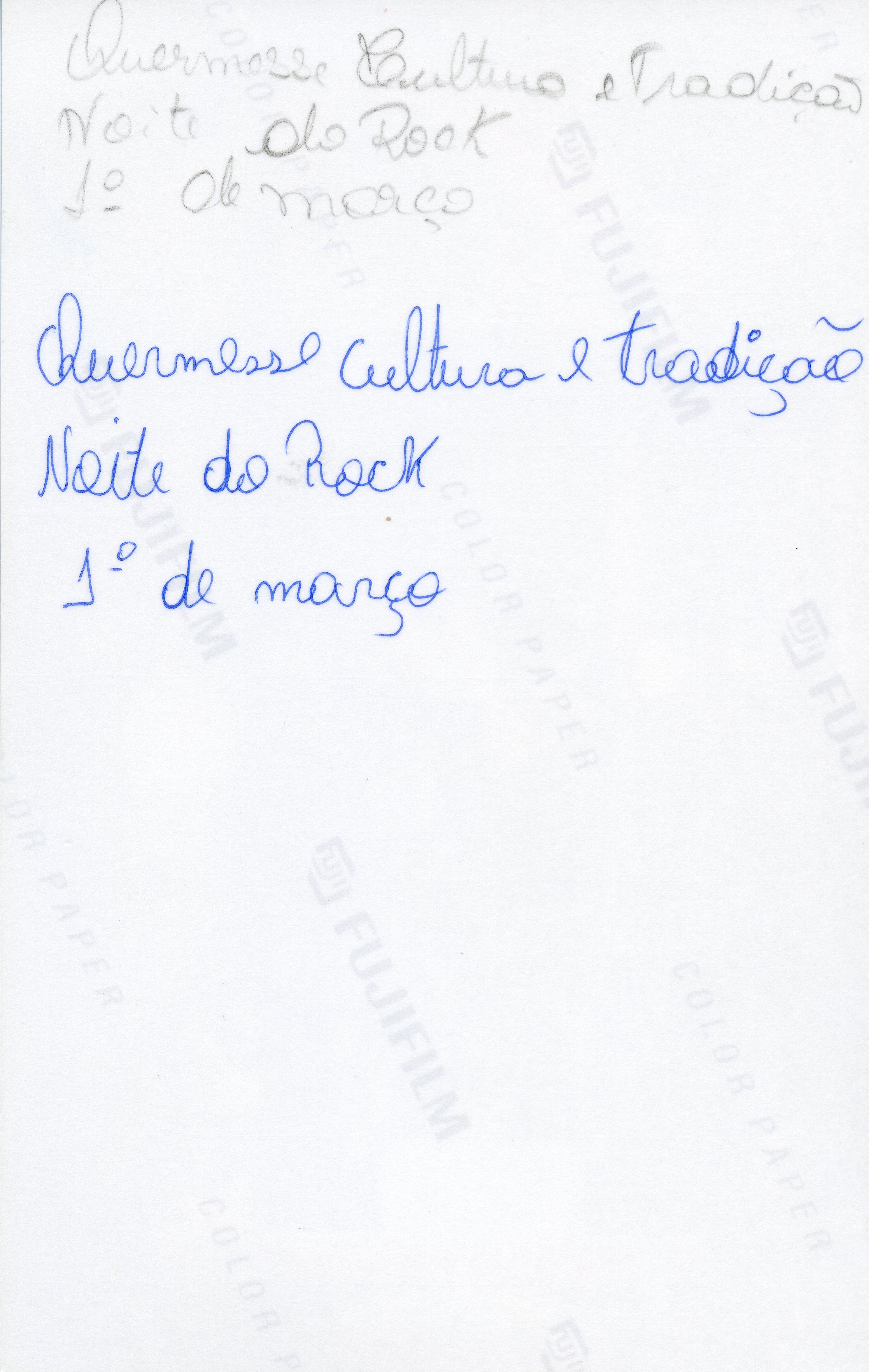 O verso de uma fotografia Fujifilm contendo anotações manuscritas em tinta azul sobre um evento chamado 'Quermesse Cultura e Tradição - Noite do Rock'. O texto indica uma data comemorativa, sugerindo um registro pessoal ou de arquivo sobre um evento cultural local.