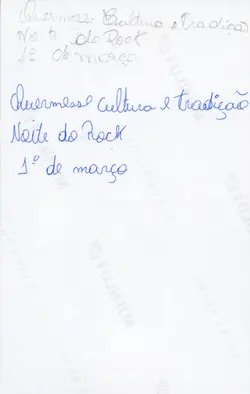 O verso de uma fotografia Fujifilm contendo anotações manuscritas em tinta azul sobre um evento chamado 'Quermesse Cultura e Tradição - Noite do Rock'. O texto indica uma data comemorativa, sugerindo um registro pessoal ou de arquivo sobre um evento cultural local.