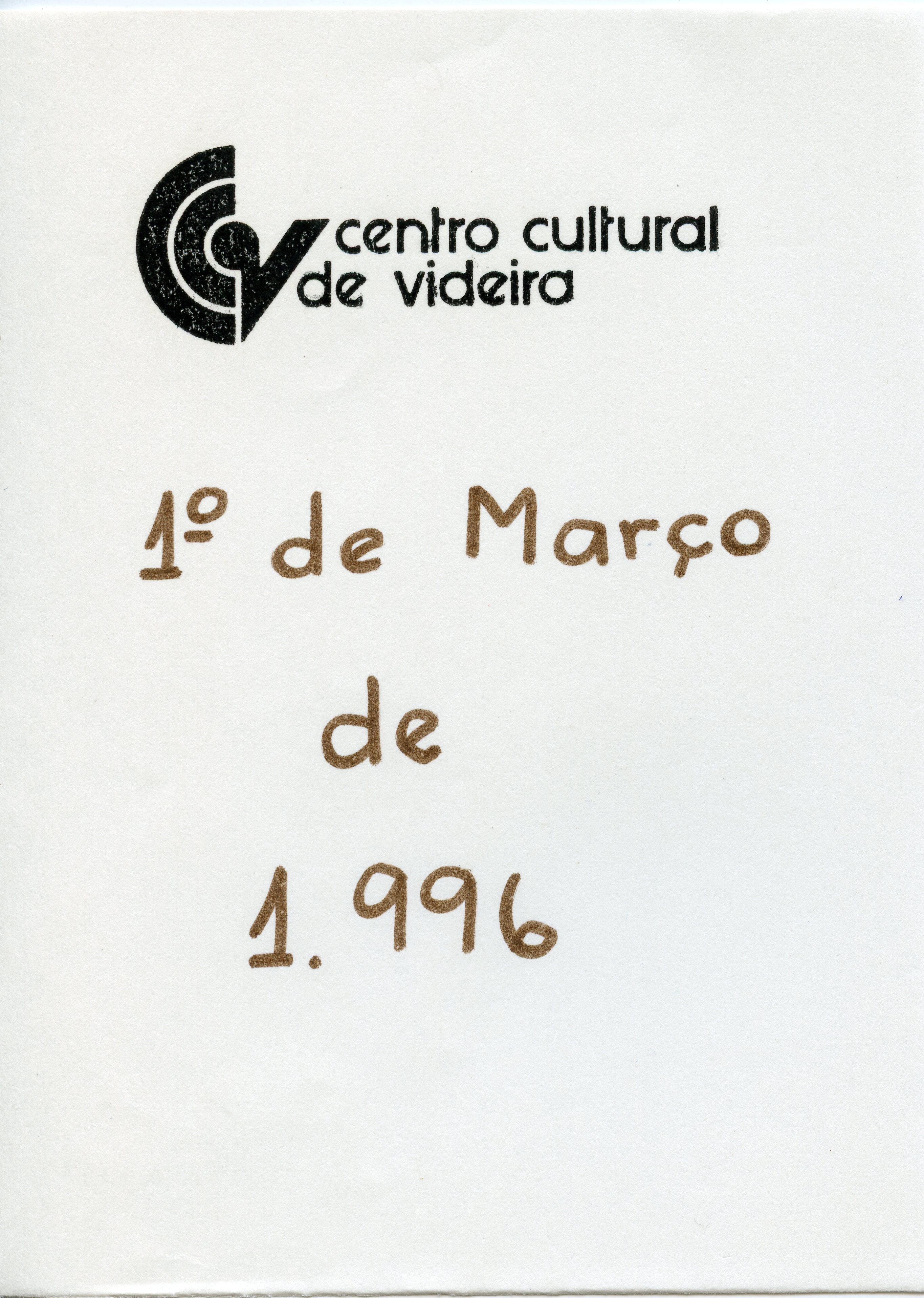Este documento apresenta o logotipo do Centro Cultural de Videira acompanhado da data manuscrita 1º de Março de 1996. O registro parece ser um cabeçalho ou uma anotação oficial relacionada a atividades culturais na cidade de Videira, Santa Catarina.