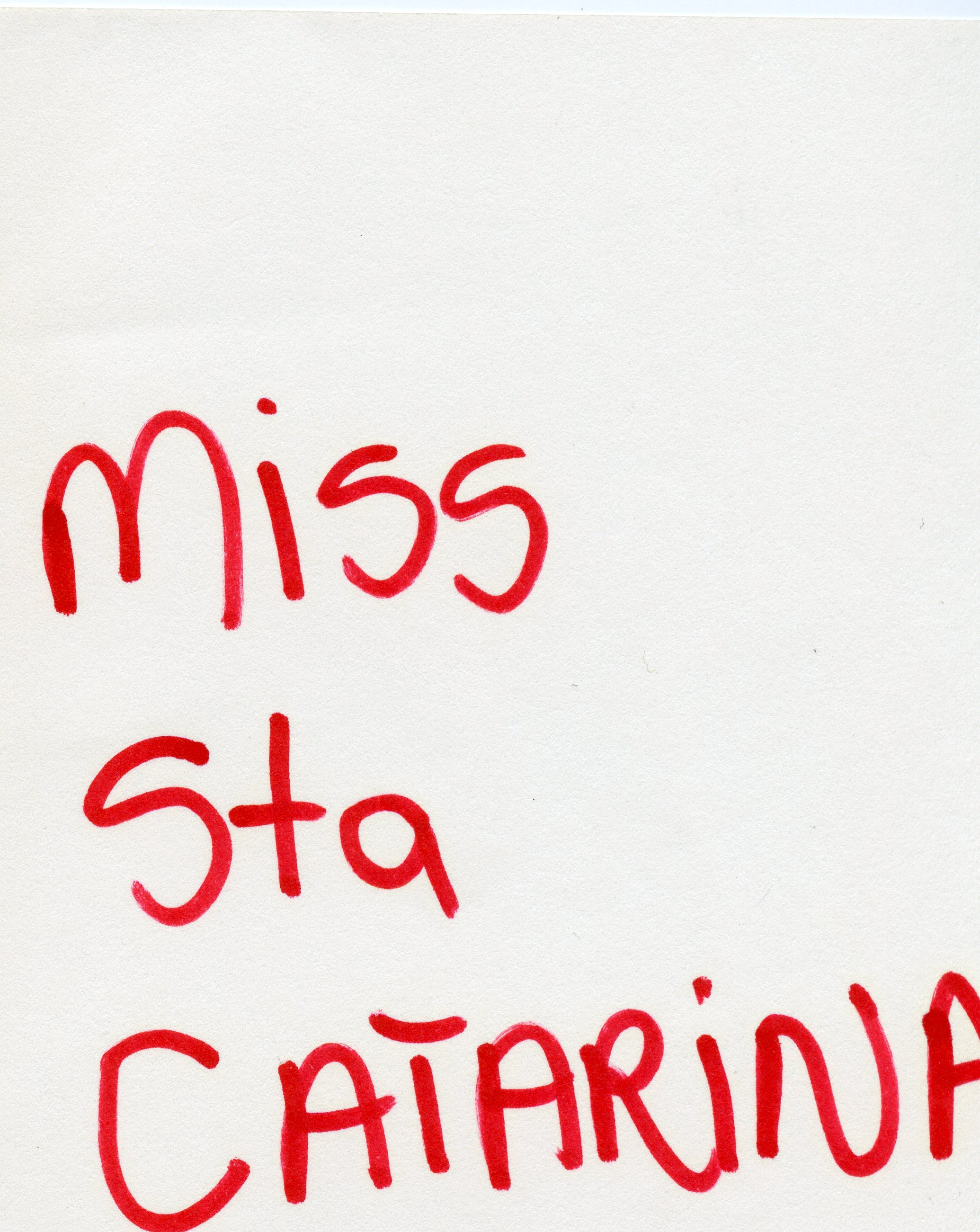Uma imagem contendo a inscrição manuscrita em tinta vermelha 'Miss Sta Catarina' sobre um fundo branco. O texto provavelmente refere-se a um concurso de beleza estadual, possivelmente utilizado como cartaz ou identificação em algum evento social.