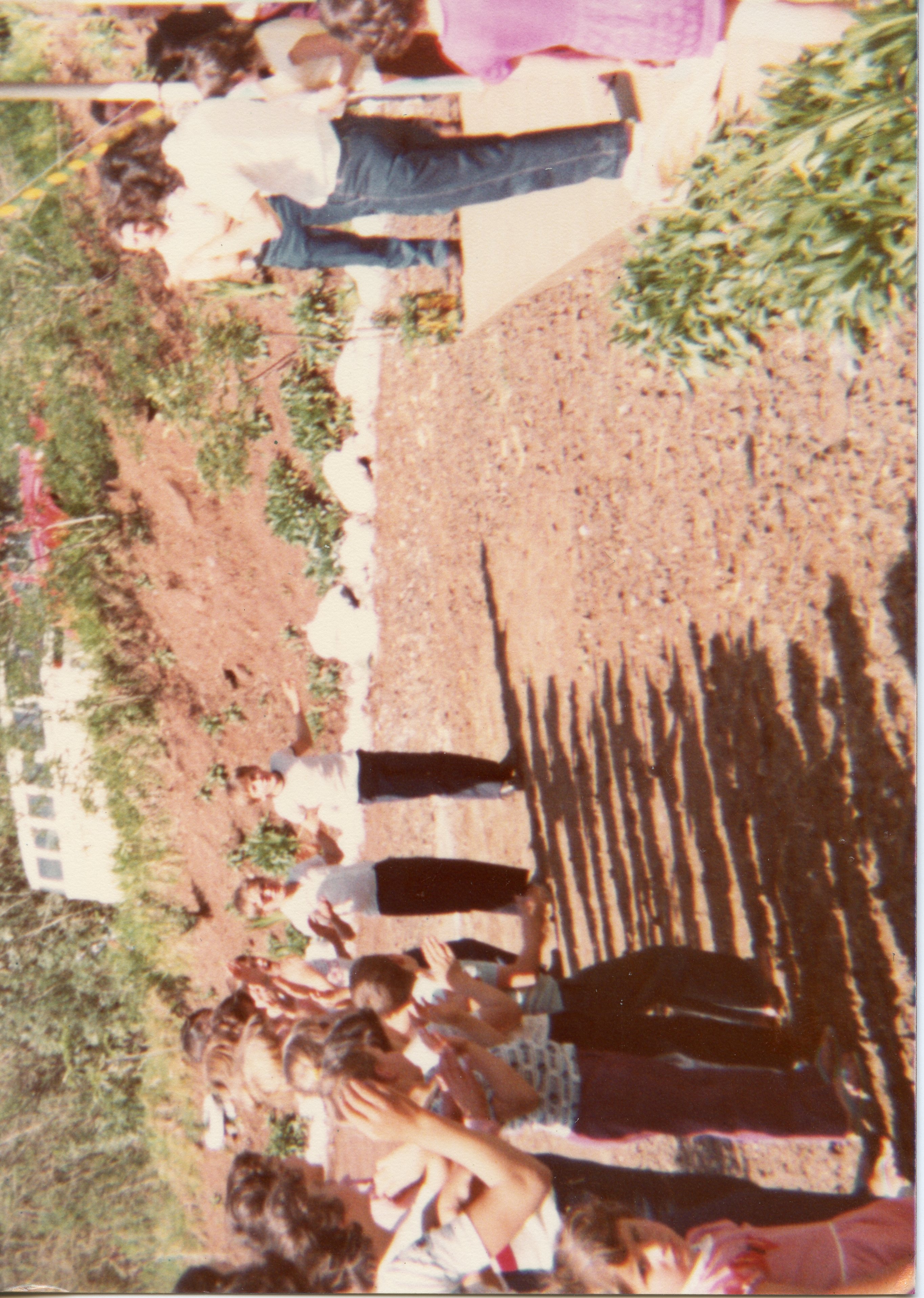 Fotografia colorida de época, possivelmente das décadas de 1970 ou 1980, retratando um grupo de pessoas em um ambiente externo, possivelmente em uma área rural ou de lazer. As vestimentas e a qualidade da imagem sugerem um registro casual ou familiar, com o grupo posicionado em uma encosta ou terreno inclinado.