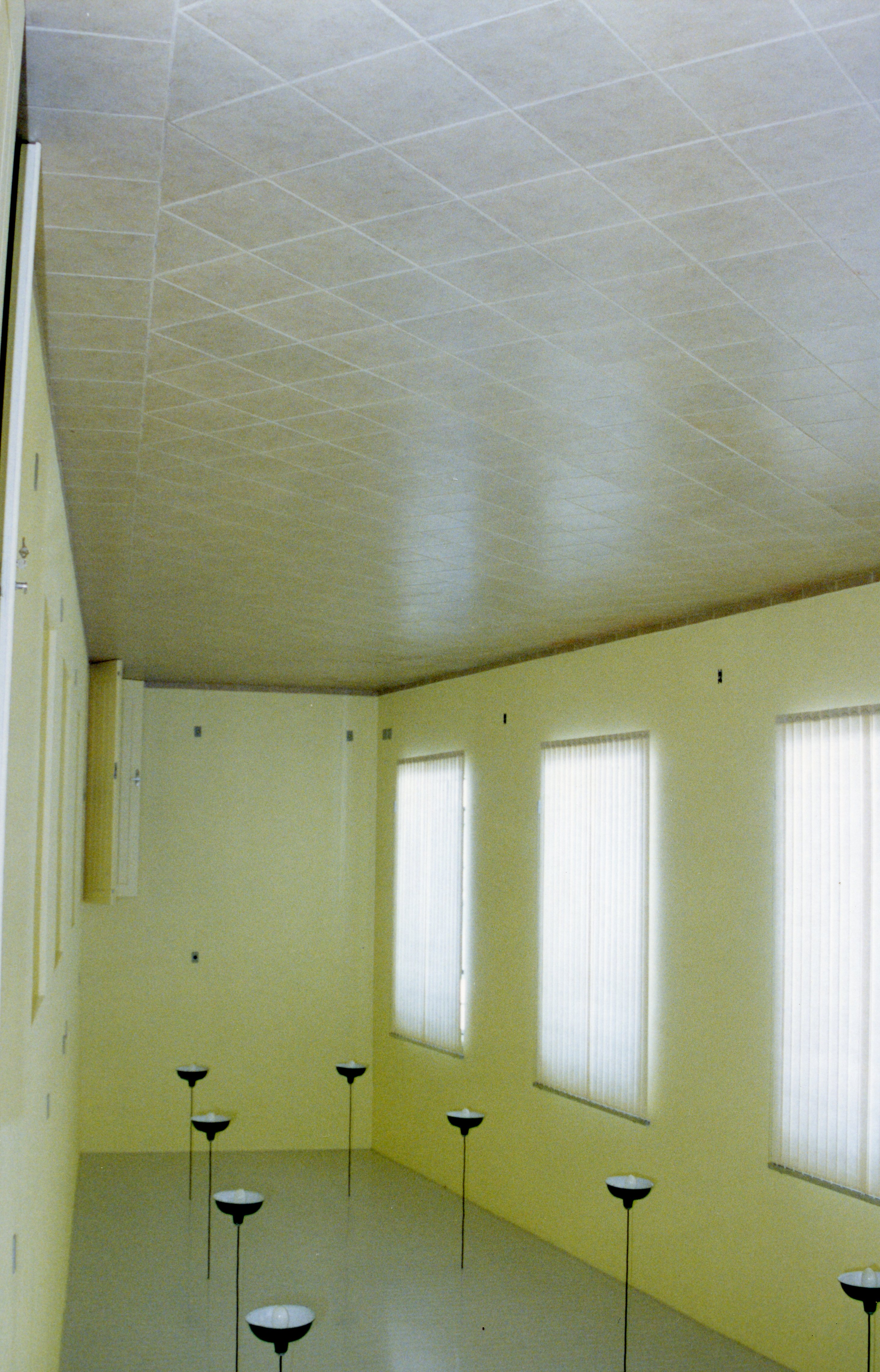 Uma sala interna vazia com paredes pintadas de amarelo claro e um teto com textura quadriculada. O ambiente possui três janelas com persianas verticais brancas e várias luminárias de chão minimalistas espalhadas pelo piso, sugerindo um espaço comercial ou de exposição.