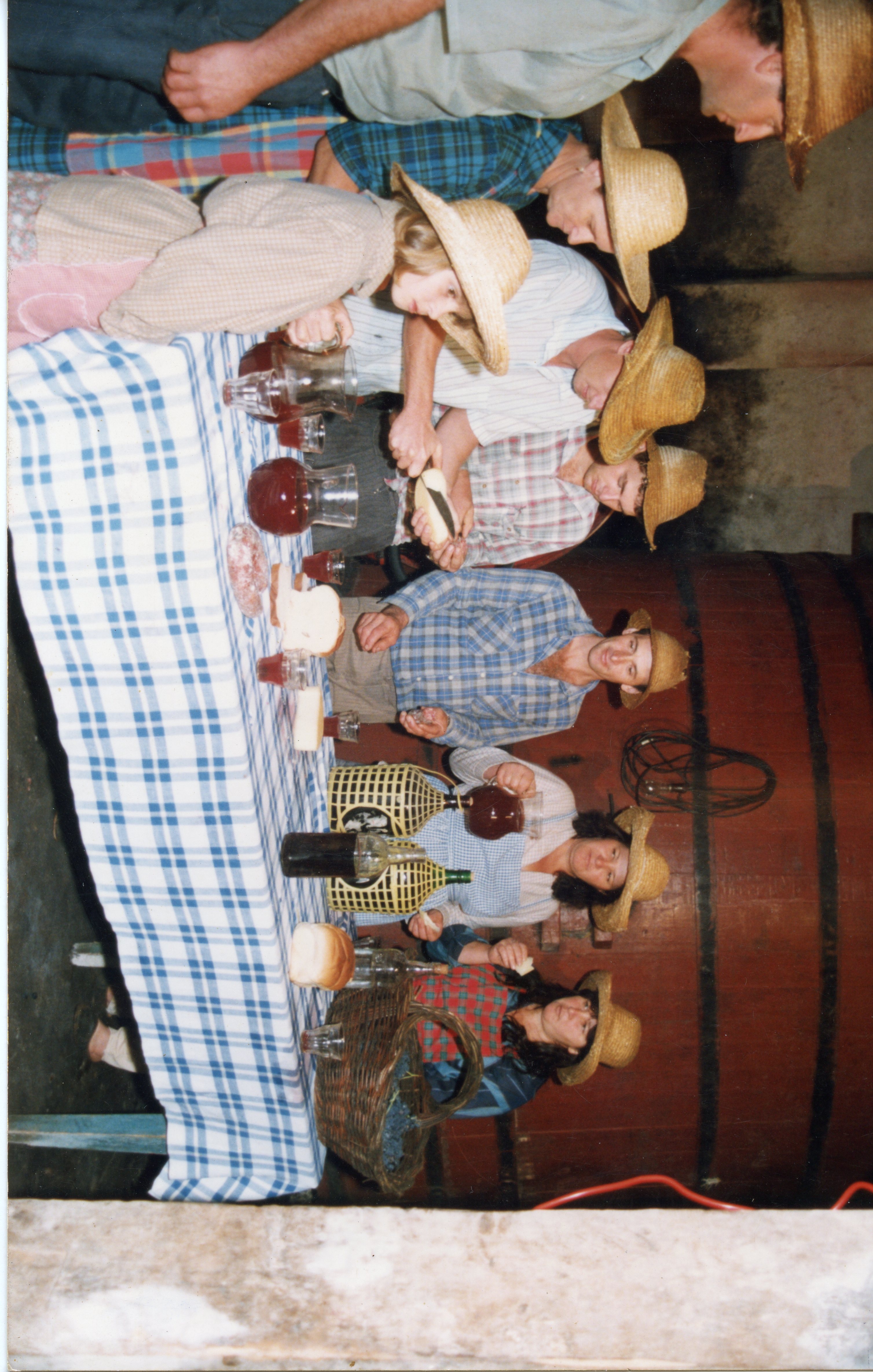 Uma cena de confraternização rural, possivelmente ligada à colheita ou produção de vinho, com várias pessoas usando chapéus de palha ao redor de uma mesa farta. O ambiente apresenta grandes barris de madeira ao fundo, sugerindo uma vinícola ou adega, típica de regiões de colonização italiana no sul do Brasil.