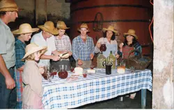 Uma cena de confraternização rural, possivelmente ligada à colheita ou produção de vinho, com várias pessoas usando chapéus de palha ao redor de uma mesa farta. O ambiente apresenta grandes barris de madeira ao fundo, sugerindo uma vinícola ou adega, típica de regiões de colonização italiana no sul do Brasil.
