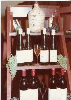 A imagem exibe uma prateleira de madeira rústica decorada com garrafas de vinho, taças e cachos de uvas, sugerindo um ambiente de vinícola ou adega. A composição evoca a tradição vitivinícola, possivelmente associada à cultura de cidades como Videira, destacando a produção local de vinhos.
