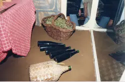 Uma fotografia de ângulo superior mostrando elementos tradicionais da vitivinicultura, incluindo garrafas de vinho escuras, um garrafão revestido de palha e uma cesta de vime cheia de uvas frescas. A cena sugere um contexto rural ou de produção artesanal de vinho, possivelmente em uma região de colonização italiana como Videira, com uma toalha de mesa xadrez vermelha ao fundo.