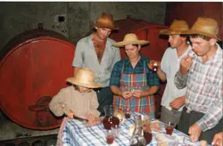 Uma fotografia de um grupo de pessoas em um ambiente interno, possivelmente uma vinícola, com grandes barris de madeira ao fundo. Os indivíduos vestem roupas simples e chapéus de palha, sugerindo uma celebração rural ou colheita de uvas, comum na cultura de imigrantes em regiões como Videira.