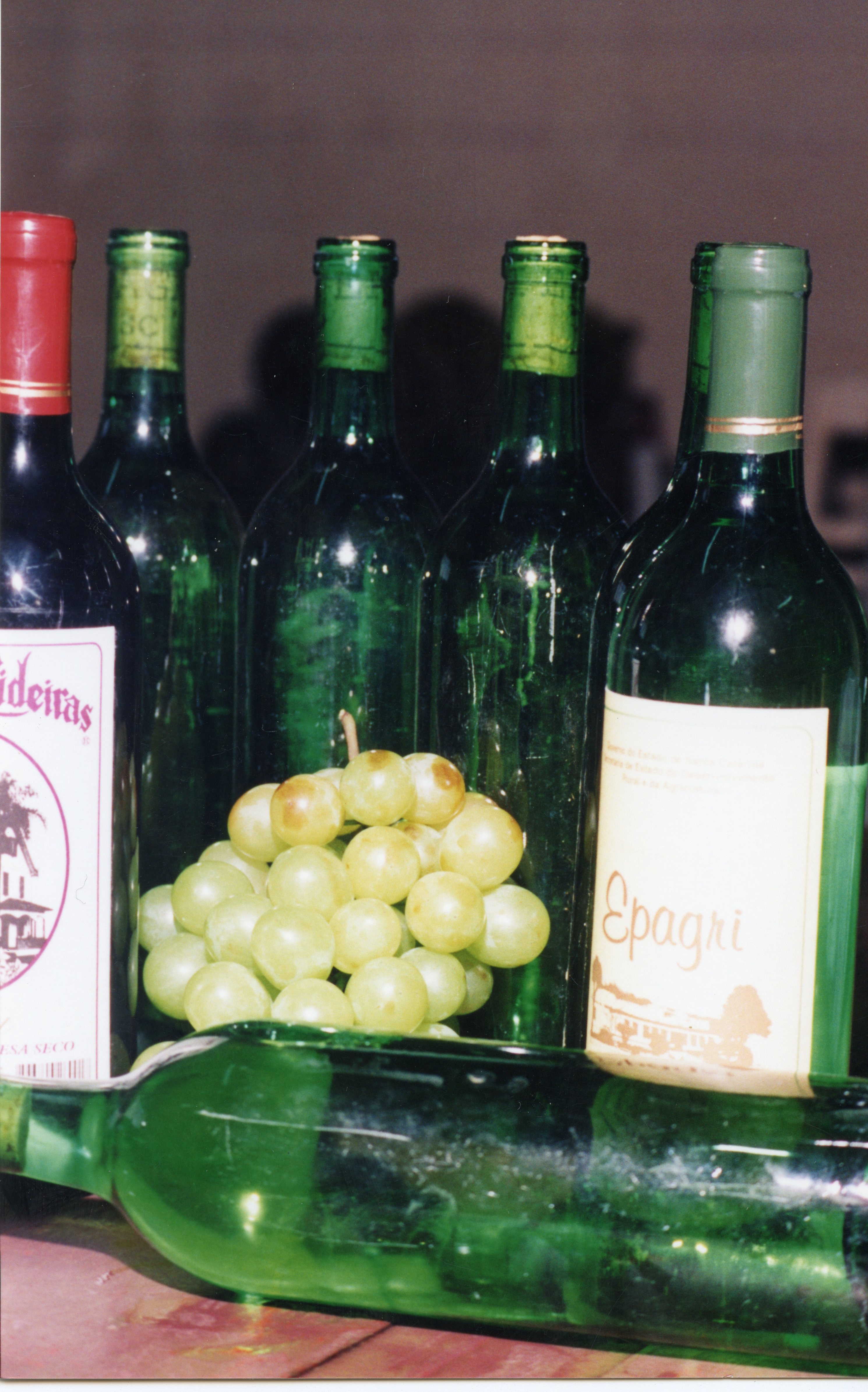 Uma fotografia colorida exibindo várias garrafas de vinho de vidro verde e um cacho de uvas brancas em primeiro plano. A imagem destaca a produção vitivinícola, possivelmente associada à região de Videira, conhecida por sua tradição na produção de vinhos e uvas.