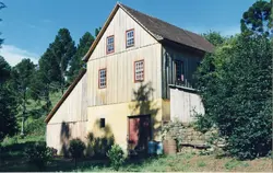 Uma fotografia de uma casa de madeira tradicional, típica da arquitetura de colonização europeia no sul do Brasil. A estrutura apresenta paredes de tábuas verticais, telhado de duas águas e uma base de alvenaria amarela, cercada por vegetação e araucárias, sugerindo um ambiente rural.