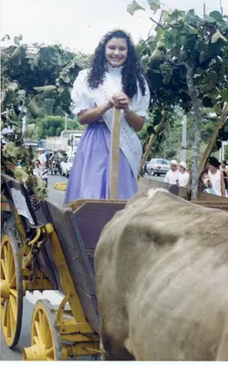 Uma jovem vestida com trajes típicos, possivelmente uma rainha de festa da uva, posa em uma carroça decorada com parreiras durante um desfile. O cenário sugere um evento cultural ou festividade rural, comum em cidades com tradição vitivinícola como Videira, com veículos e pessoas ao fundo indicando um contexto urbano.