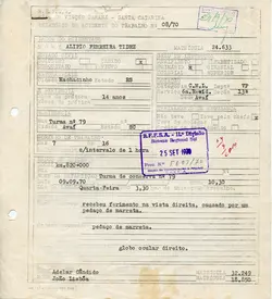 Este documento é um relatório oficial de acidente de trabalho da Rede de Viação Paraná-Santa Catarina, datado de 1970. O formulário detalha um incidente ocorrido com um funcionário ferroviário em Avaí, descrevendo um ferimento ocular causado por uma marreta.