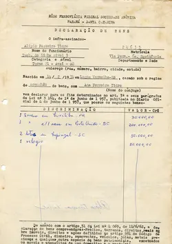 Este documento é uma declaração de bens preenchida por um funcionário da Rêde Ferroviária Federal, datada do final da década de 1950 ou início de 1960. O formulário detalha propriedades e bens de Alipio Ferreira Tidre, incluindo terrenos e imóveis em cidades do Paraná e Santa Catarina, refletindo a burocracia administrativa ferroviária da época.