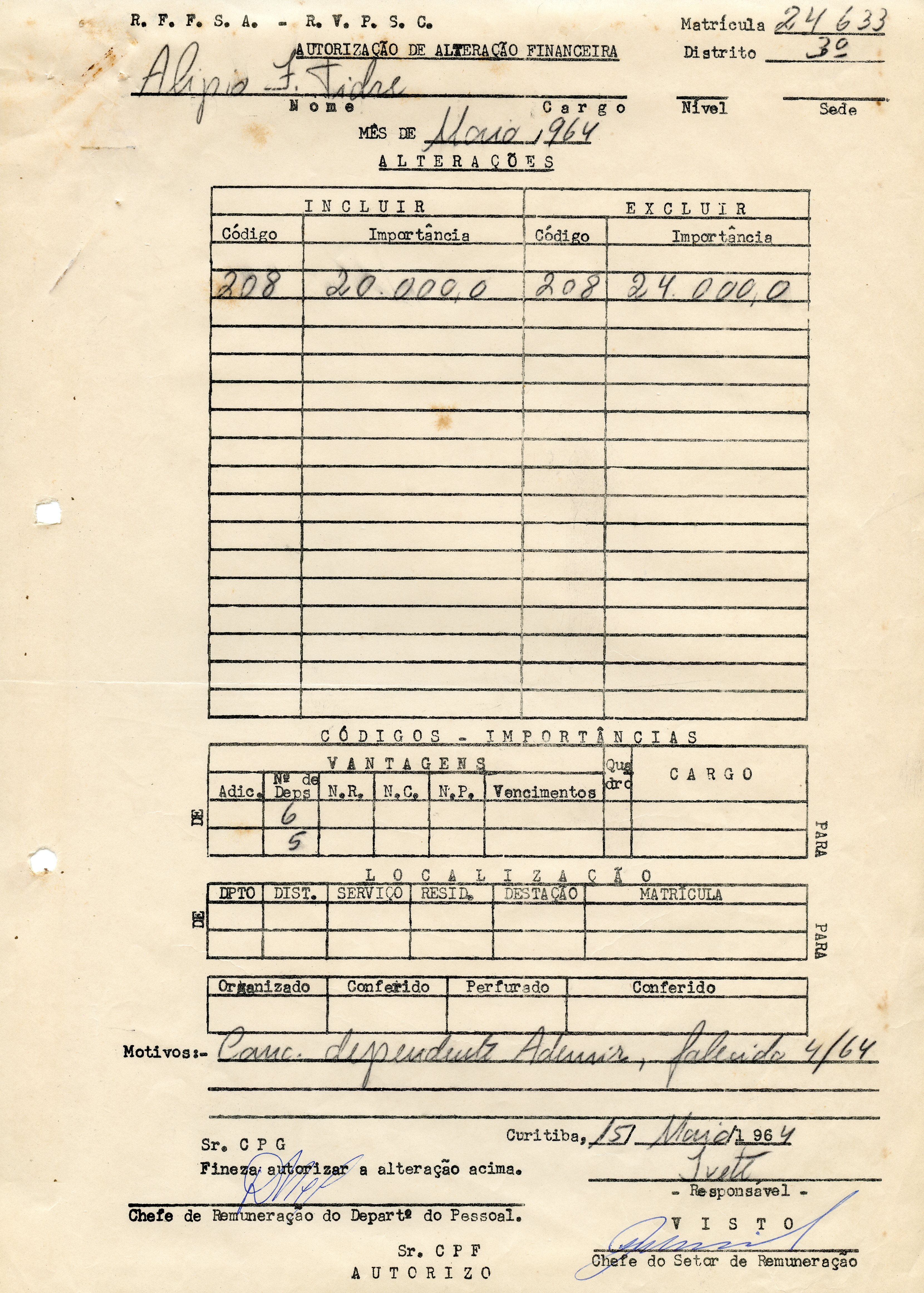 Documento oficial de autorização de alteração financeira datado de maio de 1964, referente a ajustes salariais ou de benefícios de um funcionário. O formulário apresenta campos preenchidos à mão e à máquina, indicando processos administrativos de recursos humanos da época.