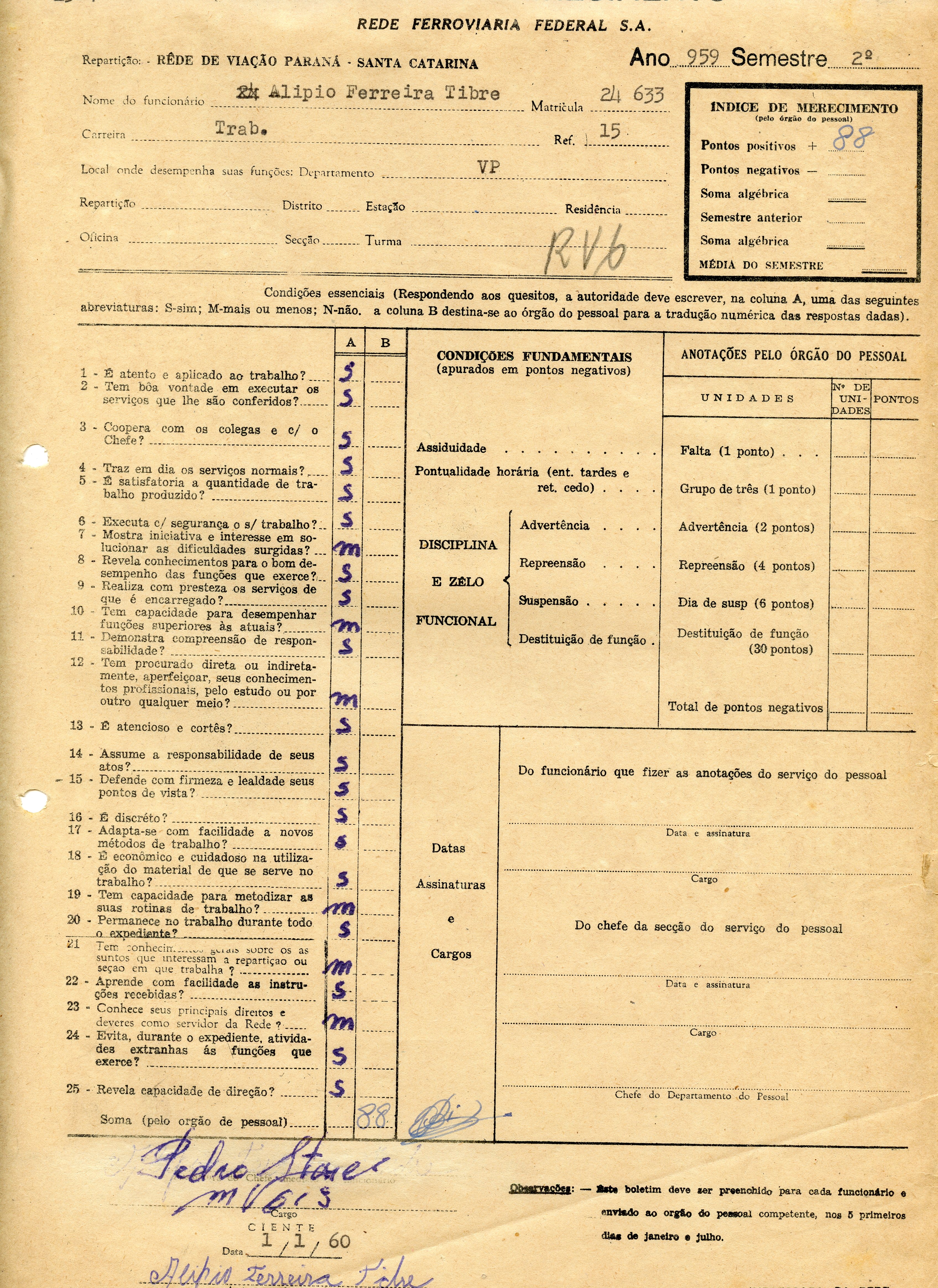 Este documento é um formulário de avaliação de desempenho funcional da Rede Ferroviária Federal S.A., datado de 1959. O formulário detalha critérios de assiduidade, disciplina e competência técnica de um funcionário ferroviário, contendo assinaturas manuscritas e registros de pontuação.