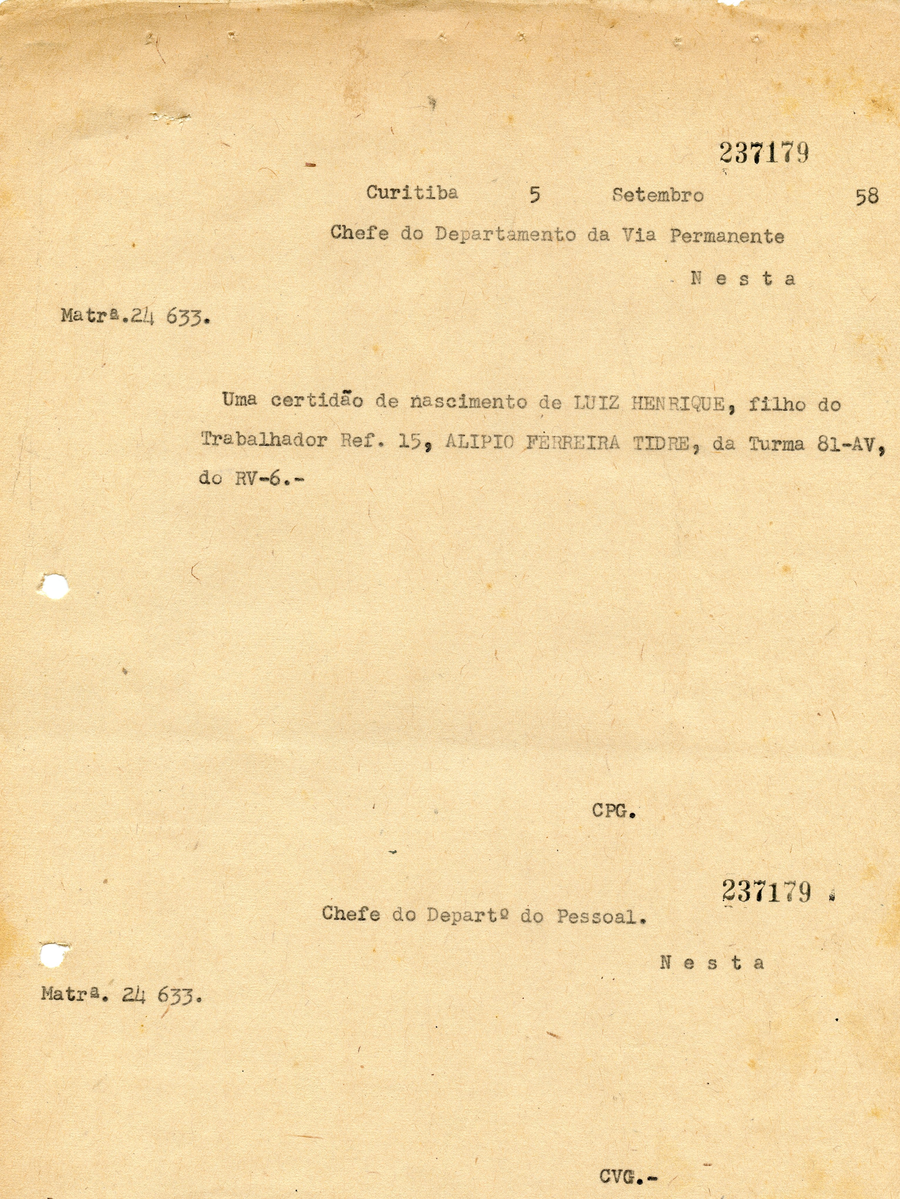 Documento datilografado oficial datado de 5 de setembro de 1958, emitido em Curitiba. O texto refere-se a uma certidão de nascimento de Luiz Henrique, filho de um trabalhador ferroviário, apresentando características típicas de correspondência administrativa da época.