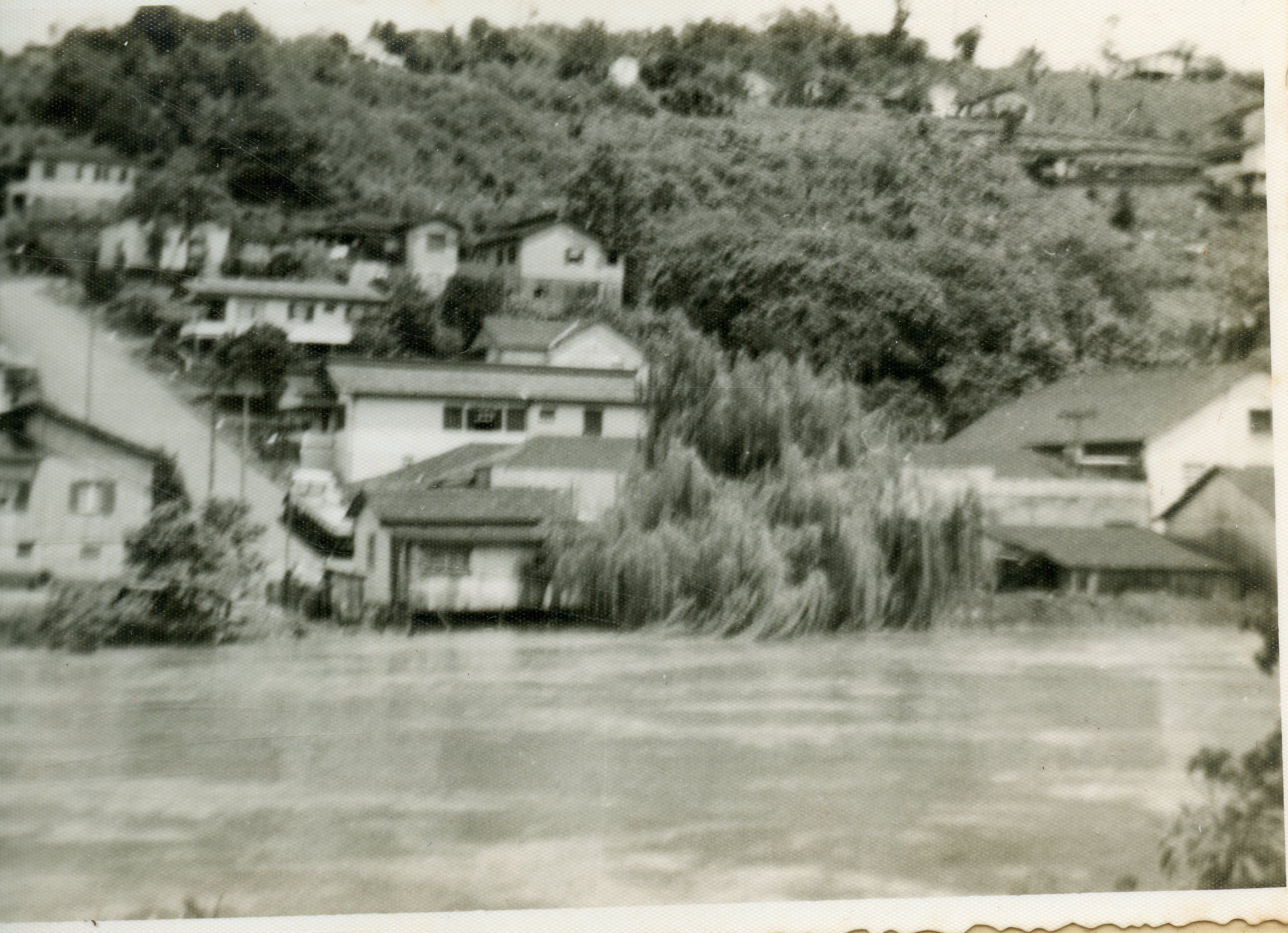 Fotografia em preto e branco mostrando uma área residencial situada em uma encosta, possivelmente em uma cidade do interior do Brasil como Videira. A imagem exibe casas de arquitetura simples dispostas em terreno inclinado, com vegetação densa e um corpo d'água ou área plana em primeiro plano, sugerindo um registro histórico de meados do século XX.
