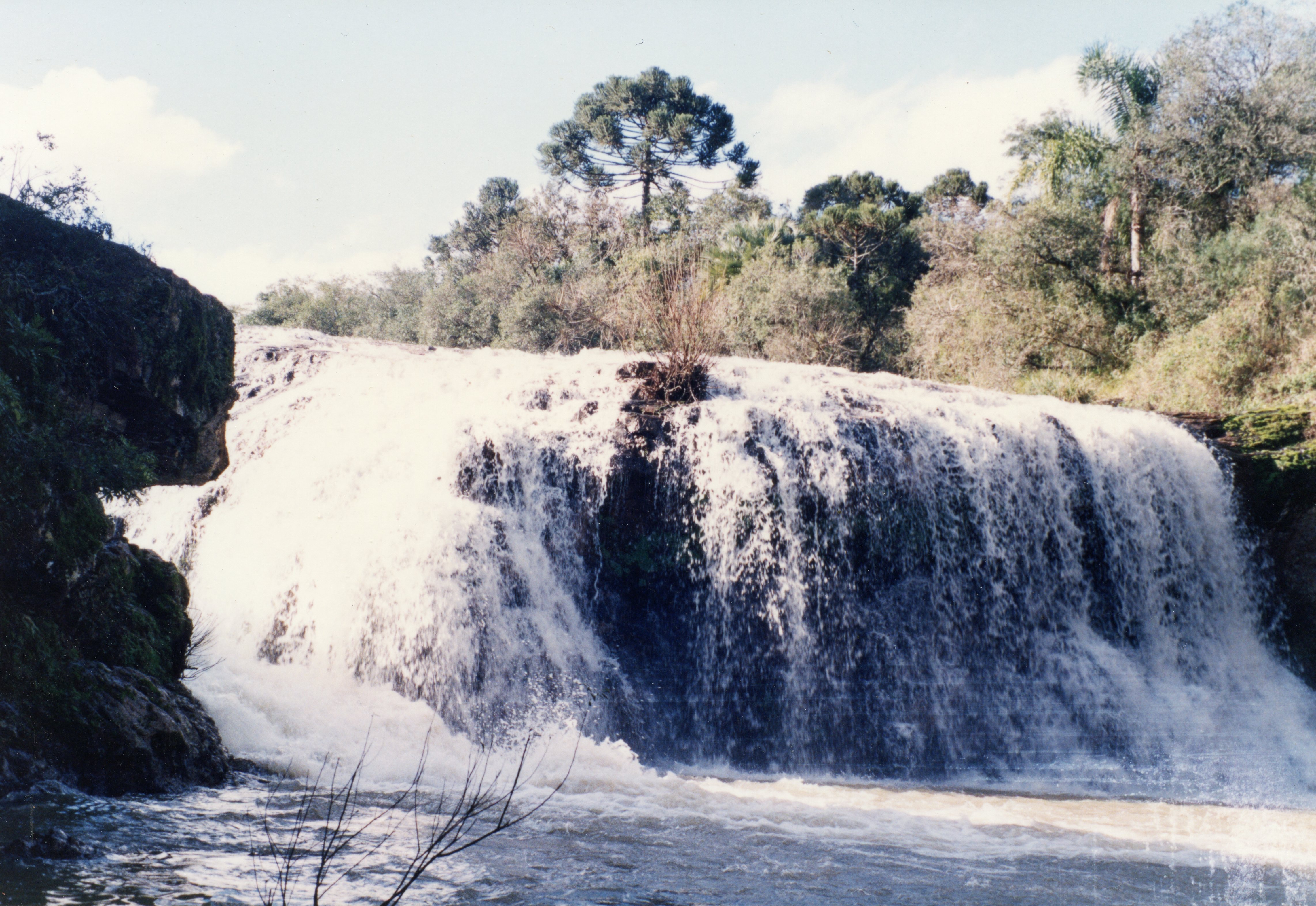 Uma fotografia de uma cachoeira em uma área de vegetação nativa, destacando a presença de araucárias ao fundo, típicas da região sul do Brasil. A imagem parece ser uma fotografia analógica de meados do século XX, capturando a beleza natural e a paisagem rural preservada.
