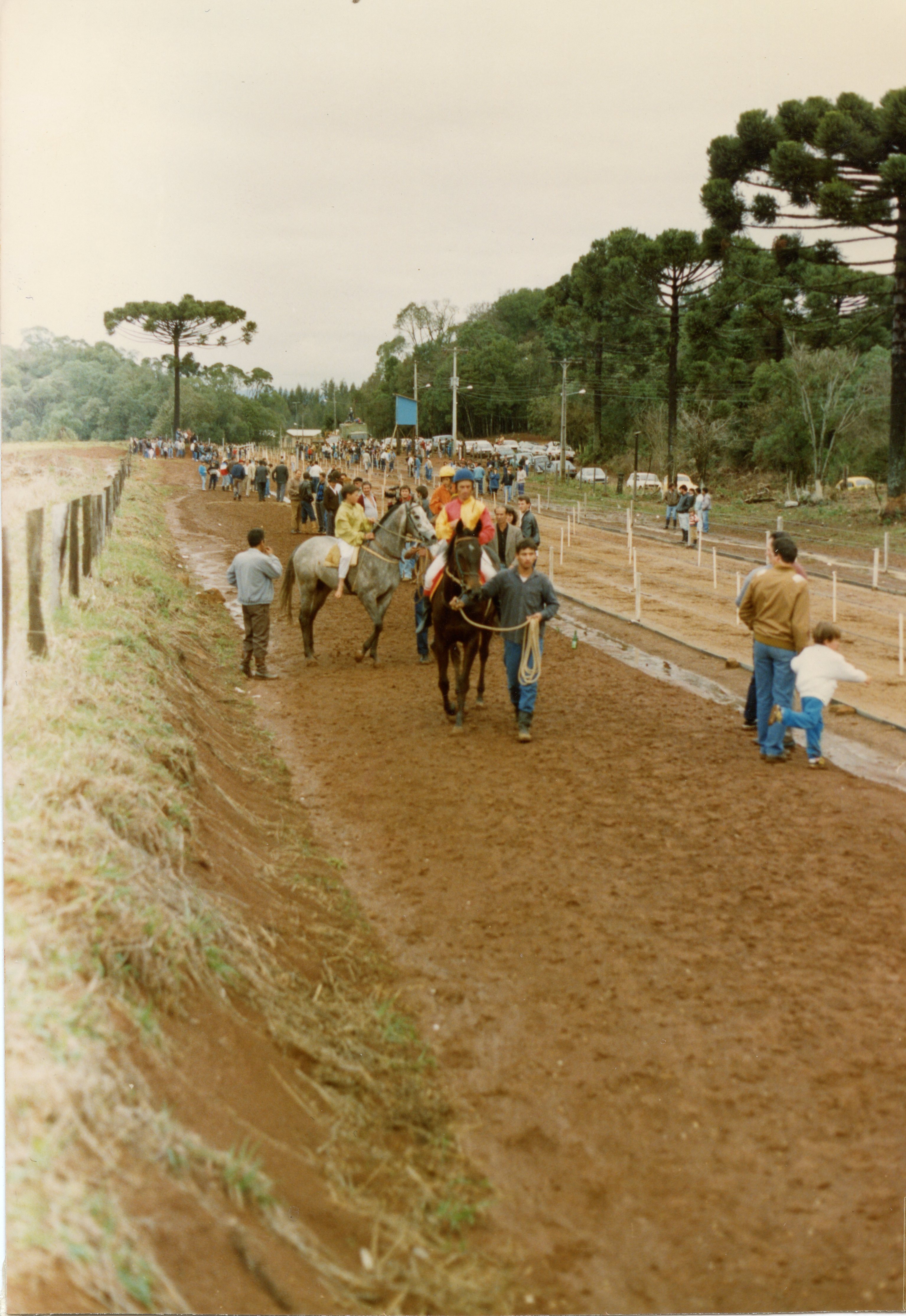 Uma cena de corrida de cavalos em uma pista de terra batida, cercada por araucárias típicas da região sul do Brasil. O evento parece ser uma competição amadora ou regional, com público presente e jóqueis conduzindo os animais, sugerindo uma época entre as décadas de 1980 e 1990.