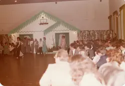 A fotografia mostra um grupo de pessoas reunidas em um evento, possivelmente uma festa ou celebração, com uma decoração que remete a uma casa com telhado verde e detalhes em folhagem. A vestimenta das pessoas sugere que a foto foi tirada nas décadas de 1970 ou 1980. Há uma figura em destaque em um quadro, possivelmente um homenageado ou uma representação simbólica.