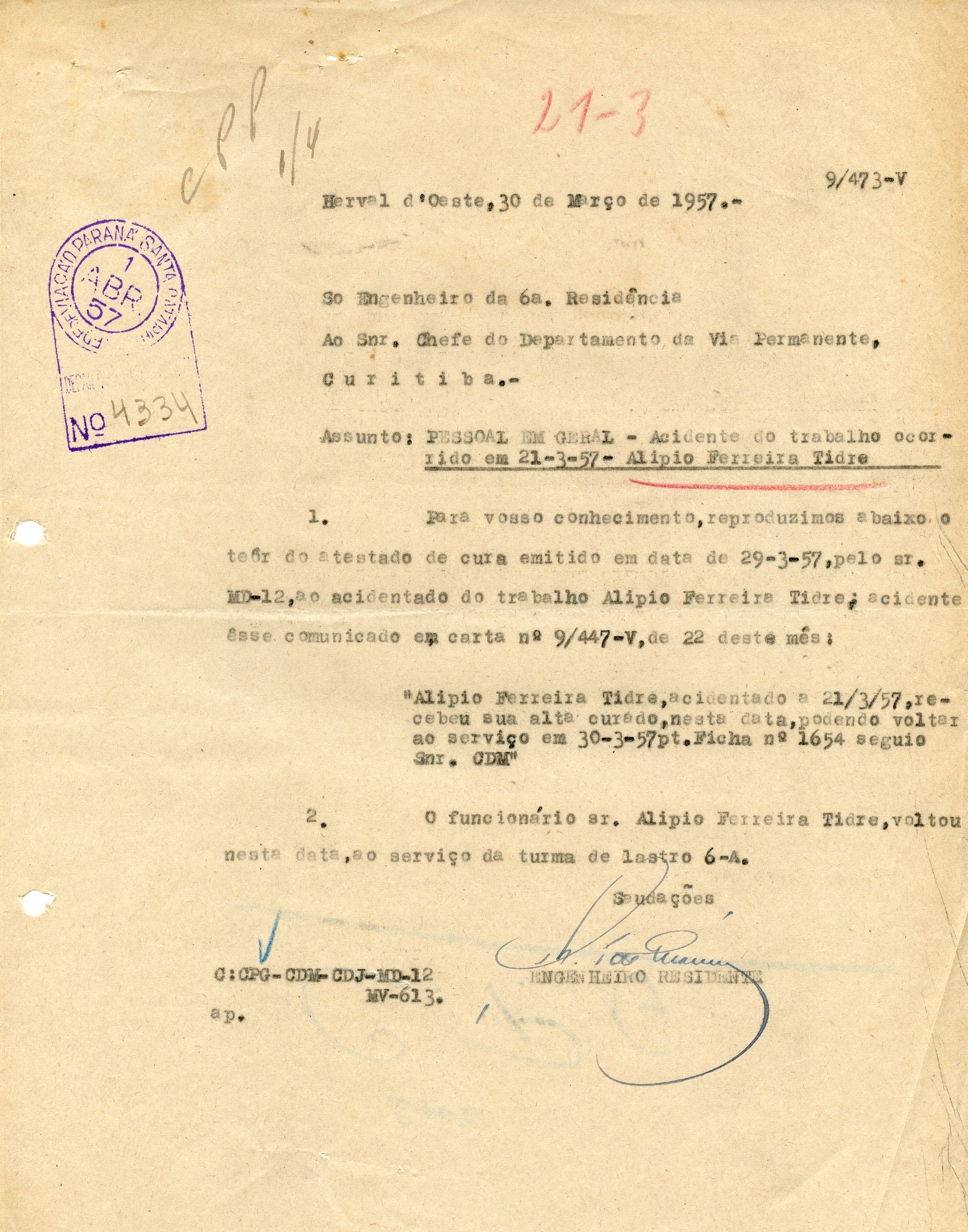 Documento datilografado oficial da Rede de Viação Paraná-Santa Catarina, datado de 30 de março de 1957, em Herval d'Oeste. O texto trata de um comunicado administrativo sobre o retorno ao trabalho de um funcionário após um acidente laboral.