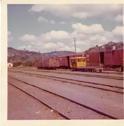 Uma fotografia colorida de época mostrando um pátio ferroviário com vagões de carga e um pequeno veículo de manutenção amarelo. A paisagem ao fundo sugere uma região montanhosa, possivelmente no interior do Brasil, com trilhos em primeiro plano e uma atmosfera típica de meados do século XX.