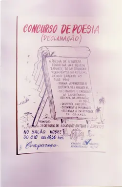 Cartaz promocional de um concurso de poesia e declamação realizado pela Secretaria de Educação, Cultura e Esportes de Videira. O documento apresenta ilustrações feitas à mão e informações sobre o evento, datado da administração municipal de 1993 a 1996.