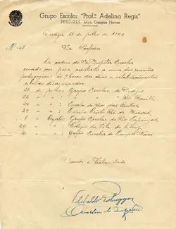 Documento oficial datado de 1940, emitido pelo Grupo Escolar Prof. Adelina Regis em Perdizes, Campos Novos. Trata-se de um convite manuscrito para reuniões pedagógicas em diversas escolas da região, apresentando o brasão da República e uma assinatura formal.