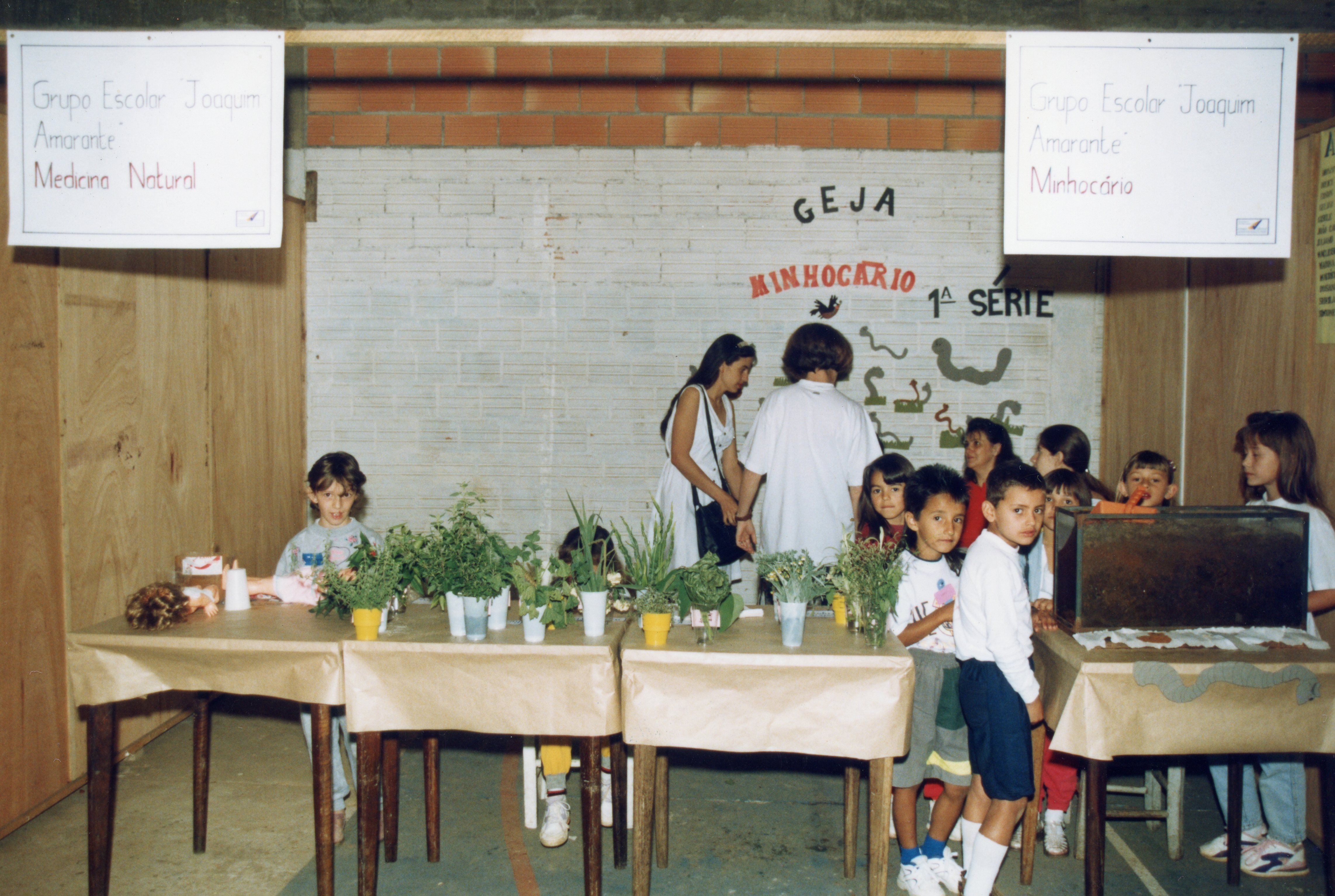 Uma feira de ciências escolar realizada em um ambiente interno com paredes de tijolos aparentes. Crianças e adultos estão reunidos em torno de mesas cobertas com papel pardo, exibindo projetos sobre medicina natural e minhocário, com cartazes identificando o Grupo Escolar Joaquim Amarante.