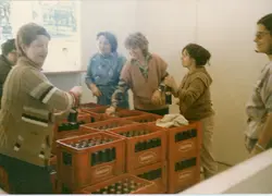 Uma fotografia que captura um grupo de mulheres interagindo em um ambiente interno, possivelmente um comércio ou depósito de bebidas. Elas estão organizando ou manuseando engradados de cerveja da marca Brahma, sugerindo um contexto de trabalho ou preparação para um evento social, com vestimentas típicas das décadas de 1980 ou 1990.