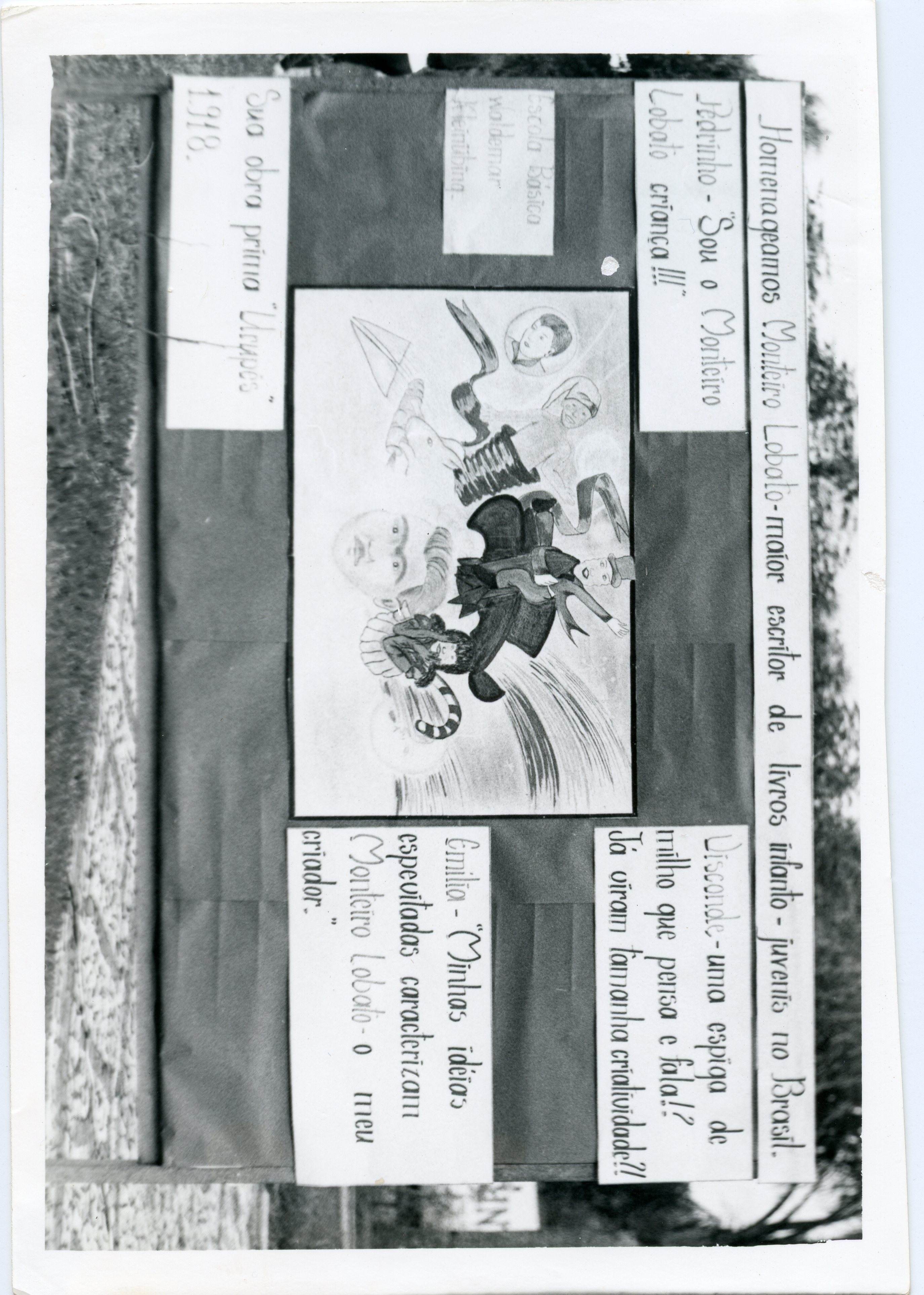 Este documento é um cartaz escolar ou mural de homenagem ao escritor Monteiro Lobato, contendo ilustrações de personagens como Emília e o Visconde de Sabugosa. O material apresenta textos explicativos sobre a obra do autor e citações de personagens, possivelmente produzido em um contexto educacional brasileiro.